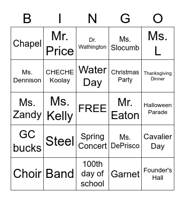 GIRARD COLLEGE BINGO! Bingo Card