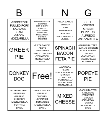 PIZZA BINGO 1 Bingo Card