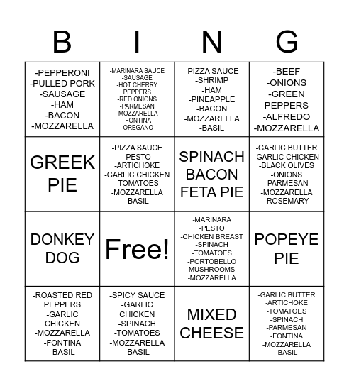 PIZZA BINGO 1 Bingo Card