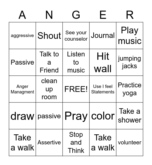 Anger Bingo Card