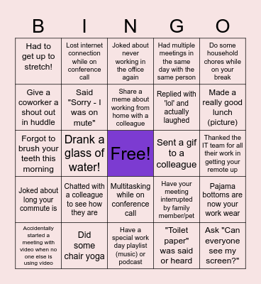 Remote Work Bingo Card