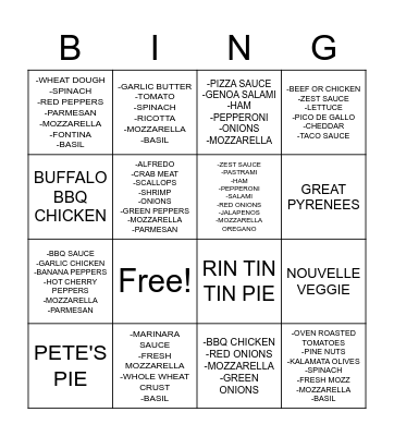 PIZZA BINGO 2 Bingo Card