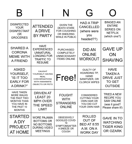 WFH/QUARANTINE 2020 STRUGGLES Bingo Card