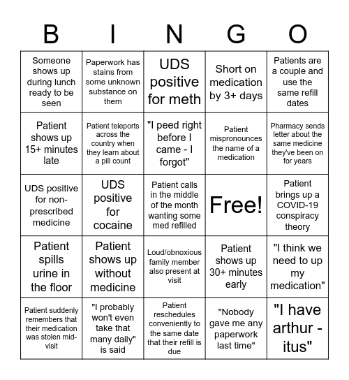 Pain Clinic Bingo Card