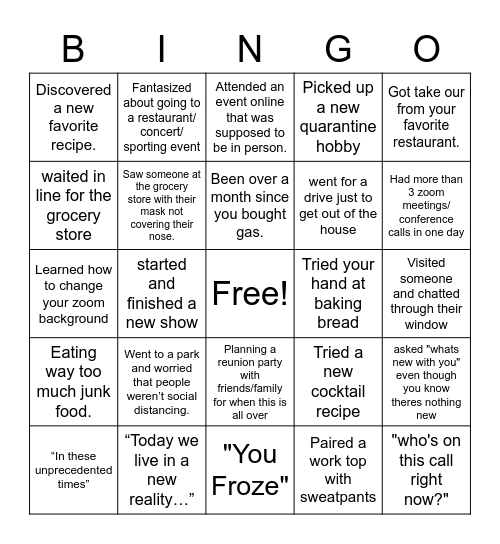 Quarantine Bingo Card