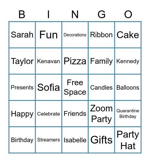 Kenavan's 14th Birthday Bingo Card