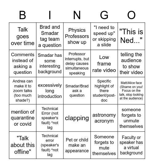 Zoom Colloquium BINGO Card