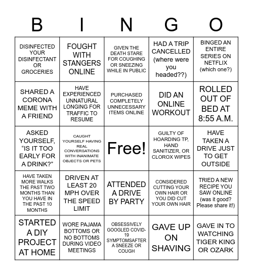 WFH/QUARANTINE 2020 STRUGGLES Bingo Card