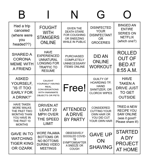 WFH/QUARANTINE 2020 STRUGGLES Bingo Card