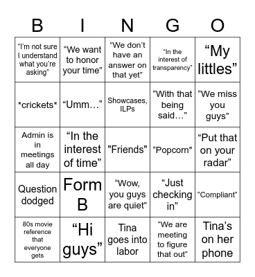 Middle School Meeting Bingo Card