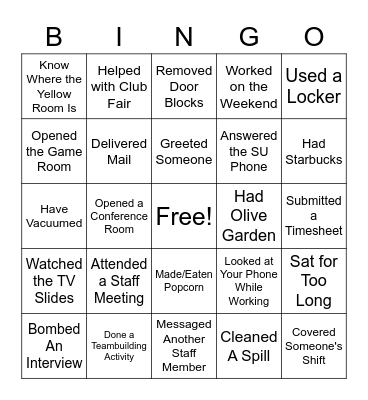 Student Union Staff 2020 Bingo Card