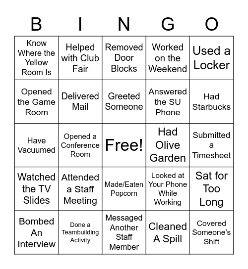 Student Union Staff 2020 Bingo Card