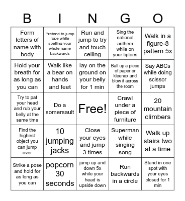 Gross Motor Bingo Card