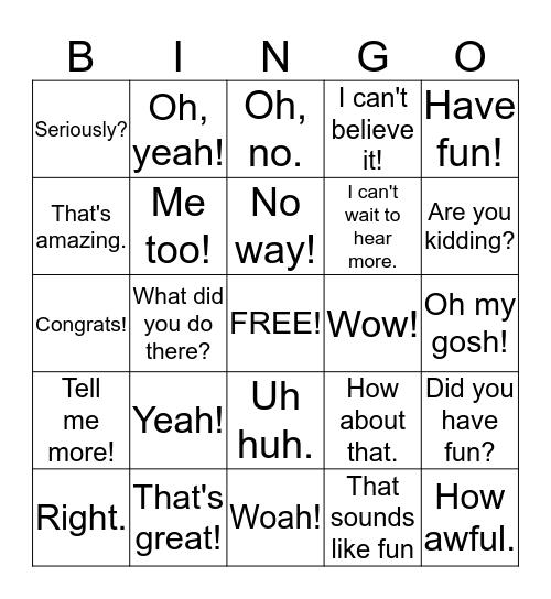 Responses & Comments Bingo Card
