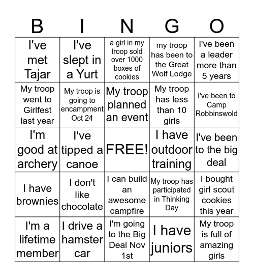 Girl Scout  Bingo Card