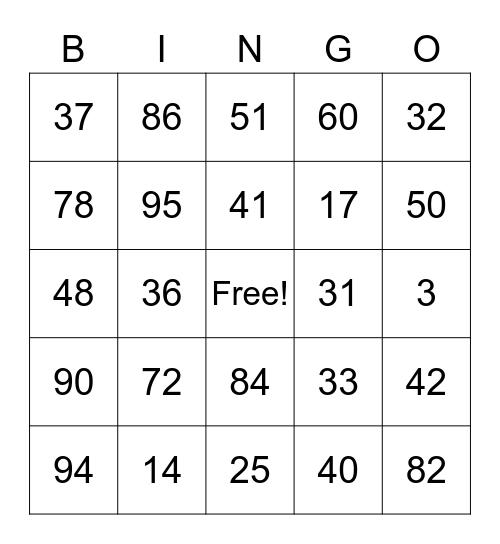 Bingo 1 - 100 Bingo Card