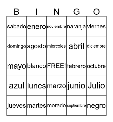 Spanish Bingo  Bingo Card