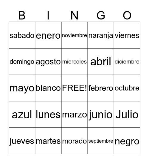 Spanish Bingo  Bingo Card