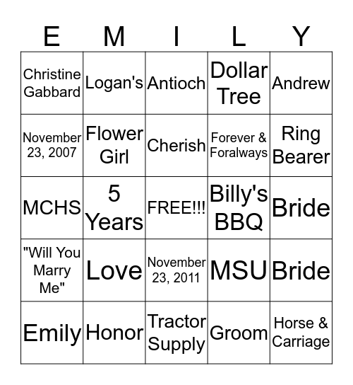 "Wedding Bliss" Bingo Card