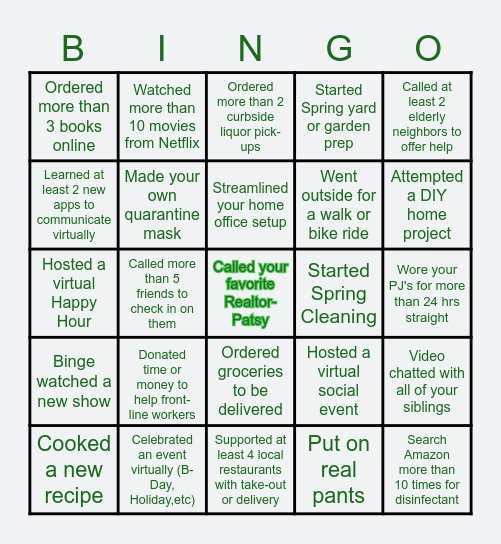 PLAY PATSY'S QUARANTINE Bingo Card
