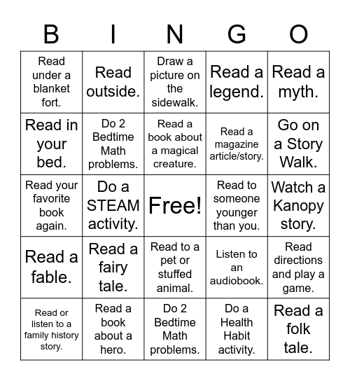 Summer Reading 2020 - Imagine Your Story Bingo Card