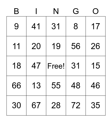 Auburn Hills Senior Services Bingo Card