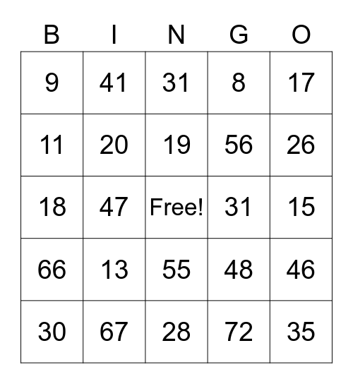 Auburn Hills Senior Services Bingo Card