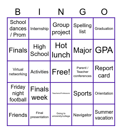 MCCR School Days BINGO Card