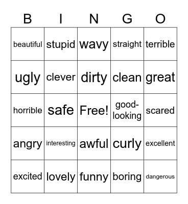 A1 Adjectives Bingo Card