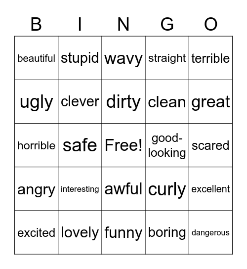 A1 Adjectives Bingo Card