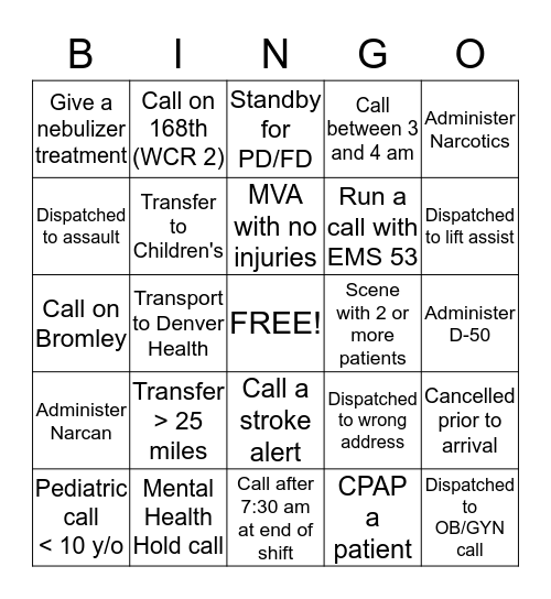A Shift Bingo Card