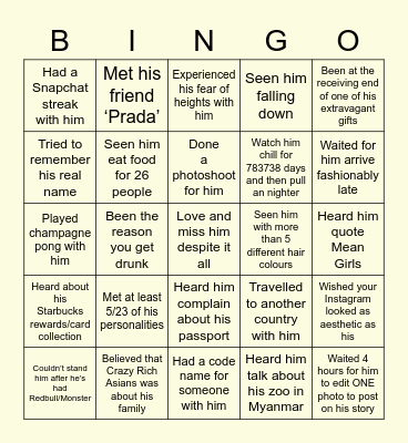 Andy’s Birthday Bingo Card