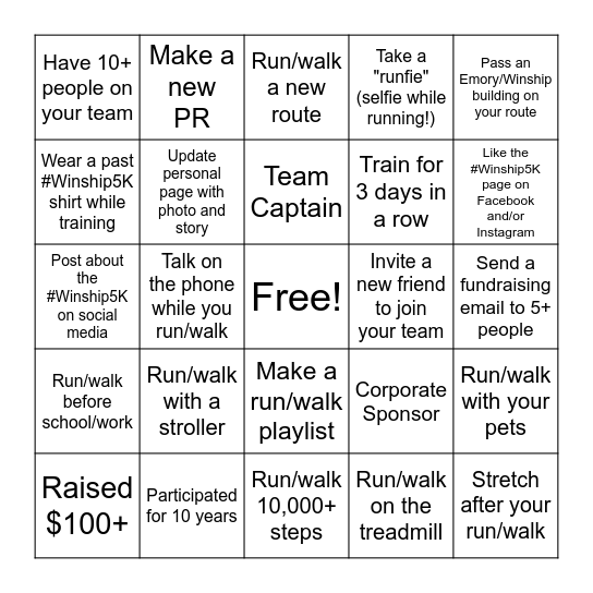 #Winship5K BINGO Card