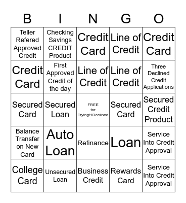 Banker Bucks CREDIT Bingo Card