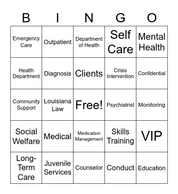 Behavioral Health Bingo Card