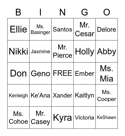 Student BINGO Card