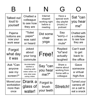 Telework Bingo Card