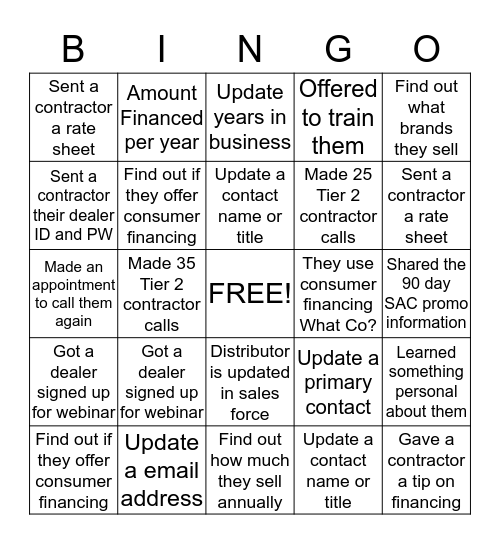 Nordyne Tier 2 Bingo Card