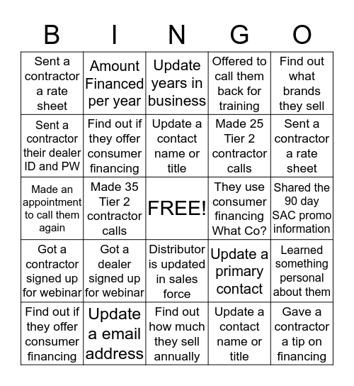 Nordyne Tier 2 Bingo Card