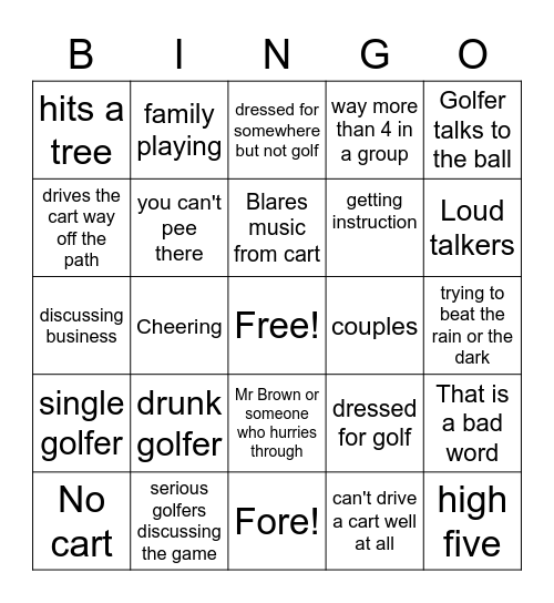 Patio Golf Bingo Card