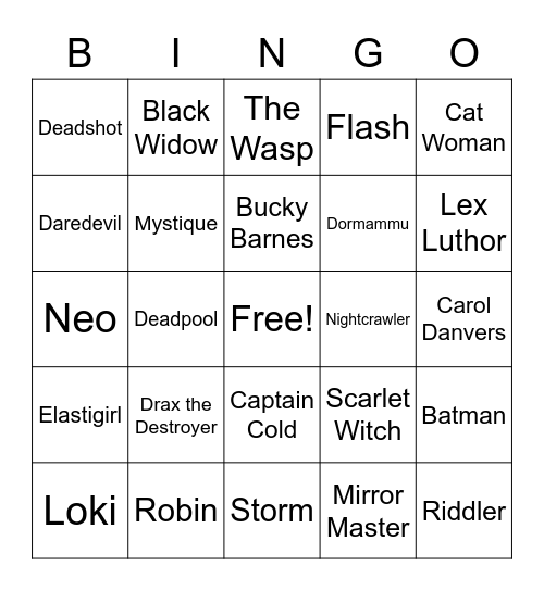 JLN Superheroes & Villains Bingo Card