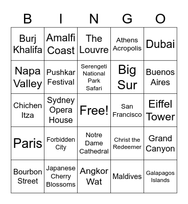 JLN Travel Bucket List Bingo Card