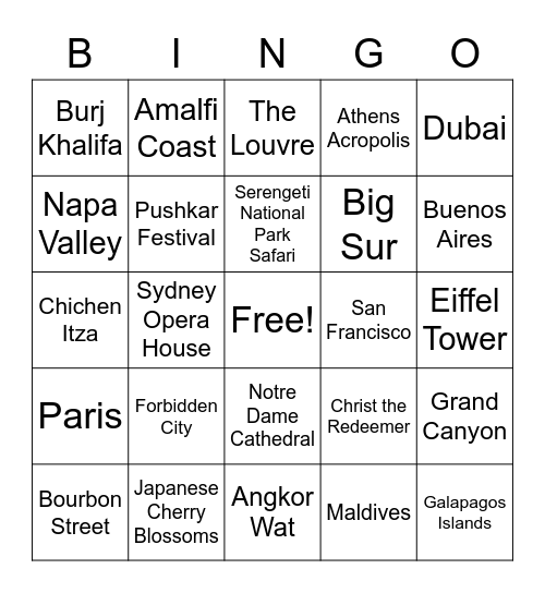 JLN Travel Bucket List Bingo Card