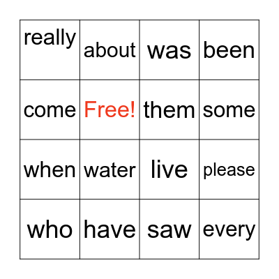 Commonly Used Words Bingo Card
