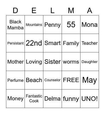 Delma's Birthday Bingo Card