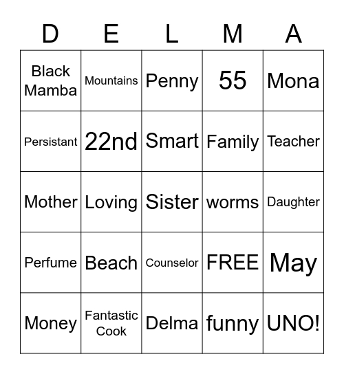 Delma's Birthday Bingo Card
