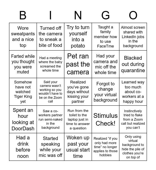 Quarantine Bingo Card