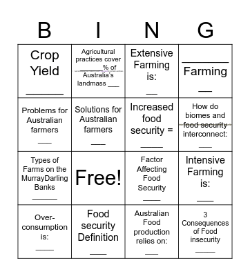 Food Security Bingo Card
