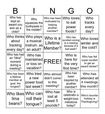 WEIGHT WATCHER BINGO Card