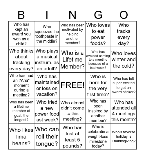 WEIGHT WATCHER BINGO Card